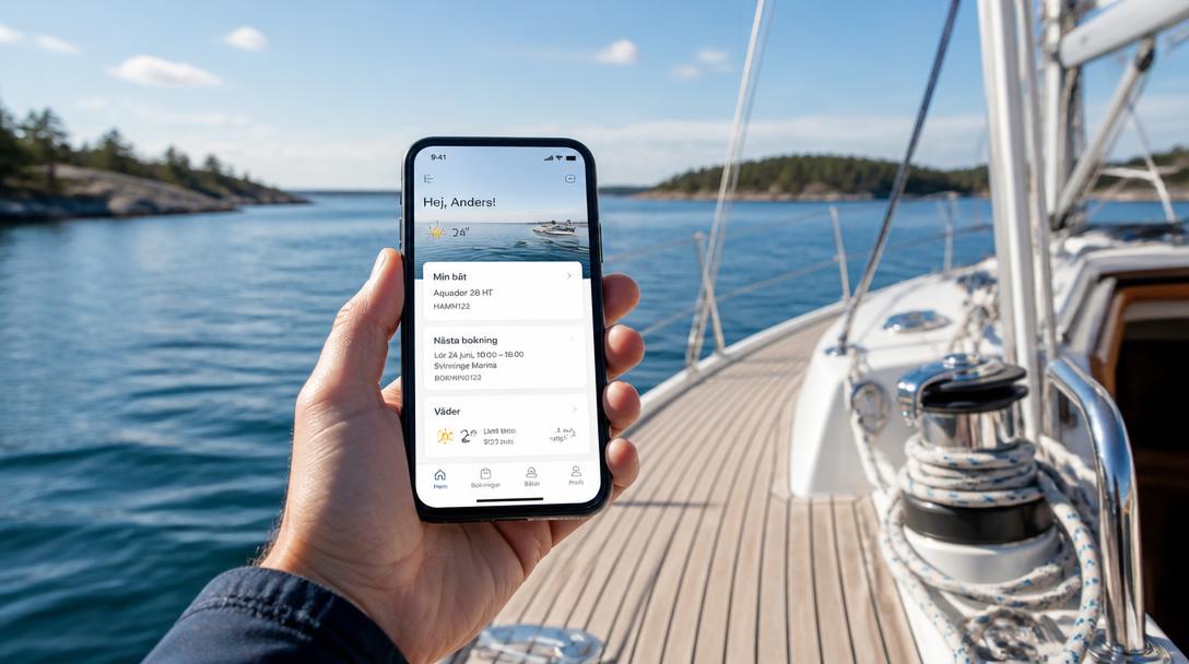 Hand holding a smartphone on a sailboat deck in the archipelago