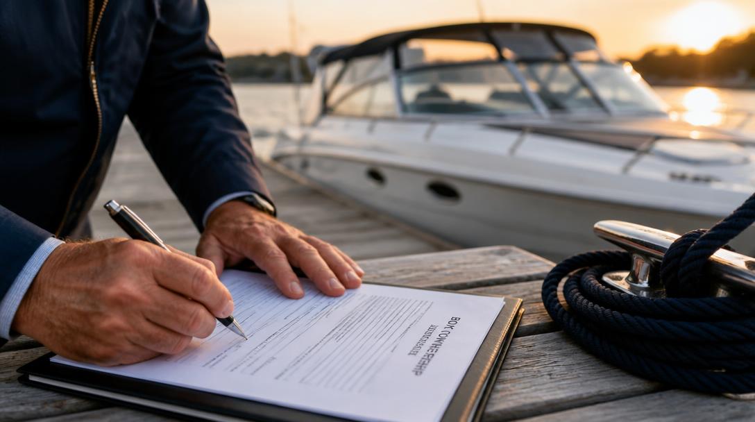 Hands signing boat ownership documents on a wooden dock at sunset